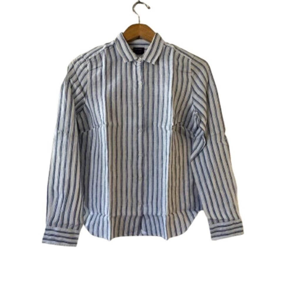 NEW UNTUCKit Women's Wehlen Button Up Shirt 4 White Blue‎ Linen Long Sleeve NWT
